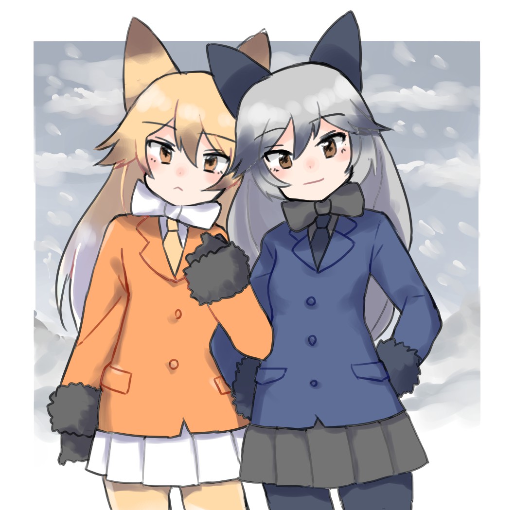 2girls, :<, aaru_(kerogero1582), animal_ears, bangs, black_gloves, black_neckwear, black_skirt