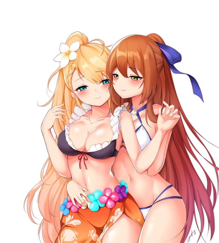 2girls, absurdres, alternate_costume, bangs, bare_legs, bikini, blonde_hair, bloody0rabby