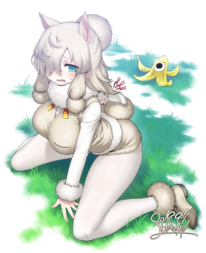 1girl, alpaca_ears, alpaca_suri_(kemono_friends), alpaca_tail, animal_ears, aqua_eyes, arched_back, arm_support
