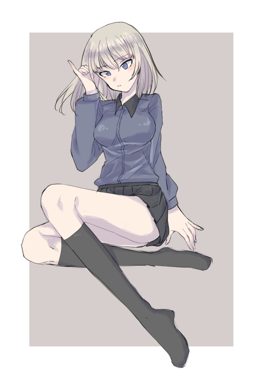 1girl, aaru_(kerogero1582), absurdres, arm_support, bangs, black_legwear, black_skirt, blue_eyes