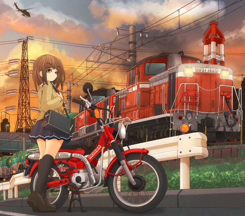 1girl, aircraft, bag, bangs, black_footwear, black_legwear, black_skirt, blazer