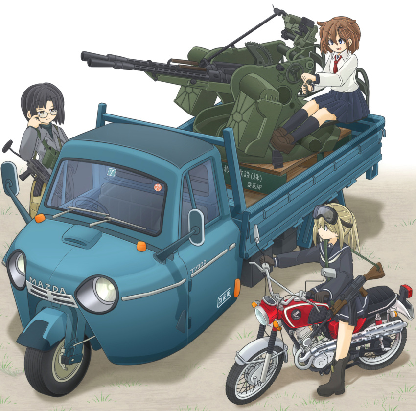 3girls, adjusting_eyewear, ak-47, antiaircraft_weapon, assault_rifle, bangs, belt, black-framed_eyewear, black_blouse, black_eyes, black_footwear, black_gloves, black_hair, black_legwear, black_skirt, blonde_hair, blouse, blue_eyes, boots, brown_footwear, car, closed_mouth, commentary_request, dress_shirt, emblem, eyebrows_visible_through_hair, frown, gloves, goggles, goggles_on_head, grey_shirt, ground_vehicle, gun, hair_ornament, hairclip, half-closed_eyes, hand_on_hip, highres, honda, honda_cl125, ichigotofu, loafers, logo, long_sleeves, looking_at_another, mazda, mazda_t2000, medium_hair, military, miniskirt, motor_vehicle, motorcycle, multiple_girls, neckerchief, necktie, open_mouth, original, outdoors, pleated_skirt, red_neckwear, riding, rifle, school_uniform, serafuku, shadow, shirt, shoes, short_hair, short_ponytail, single_horizontal_stripe, sitting, skirt, smile, socks, standing, three-wheeler, translation_request, truck, utility_belt, weapon, weapon_request, white_neckwear, white_shirt, zpu-2