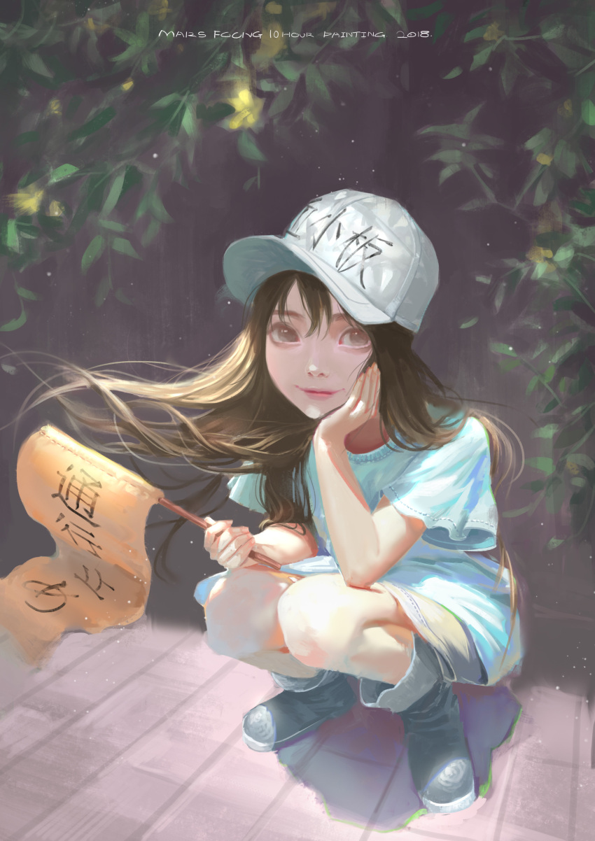1girl, absurdres, artist_name, baseball_cap, blue_shirt, boots, brown_eyes, brown_hair, chin_rest, clothes_writing, dated, flag, grey_hat, hat, hataraku_saibou, highres, holding, holding_flag, long_hair, looking_at_viewer, marsfoong, platelet_(hataraku_saibou), shirt, solo, squatting