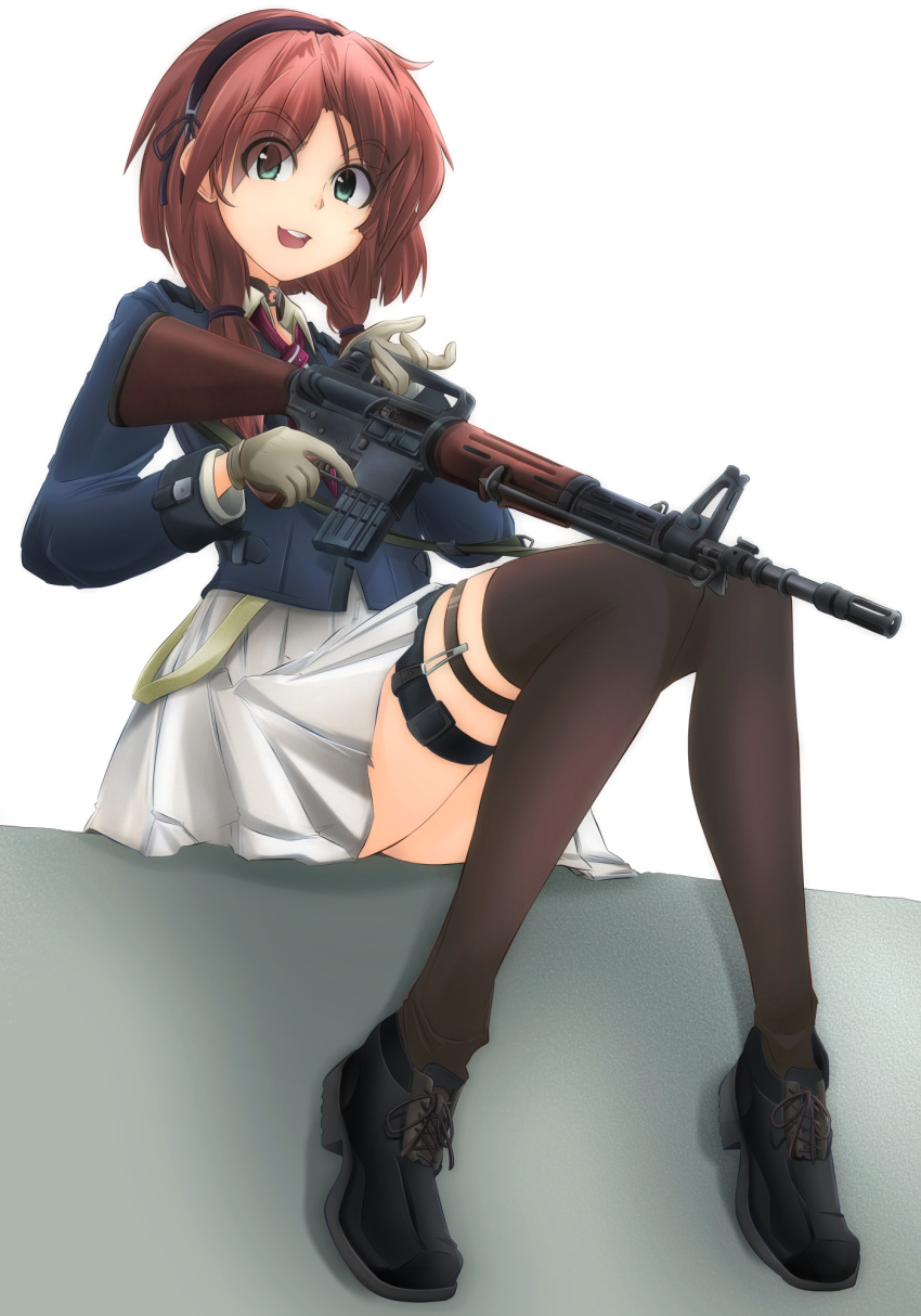 1girl, ar-10, assault_rifle, bangs, battle_rifle, black_choker, black_hairband, black_legwear