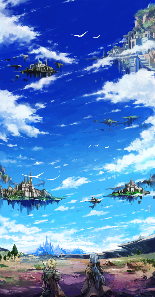2boys, armor, bahamut_lagoon, bird, blonde_hair, blue_hair, blue_sky, building