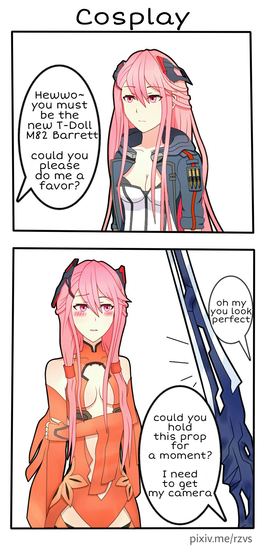 1girl, artist_request, blush, breasts, cleavage, cosplay, creator_connection, english
