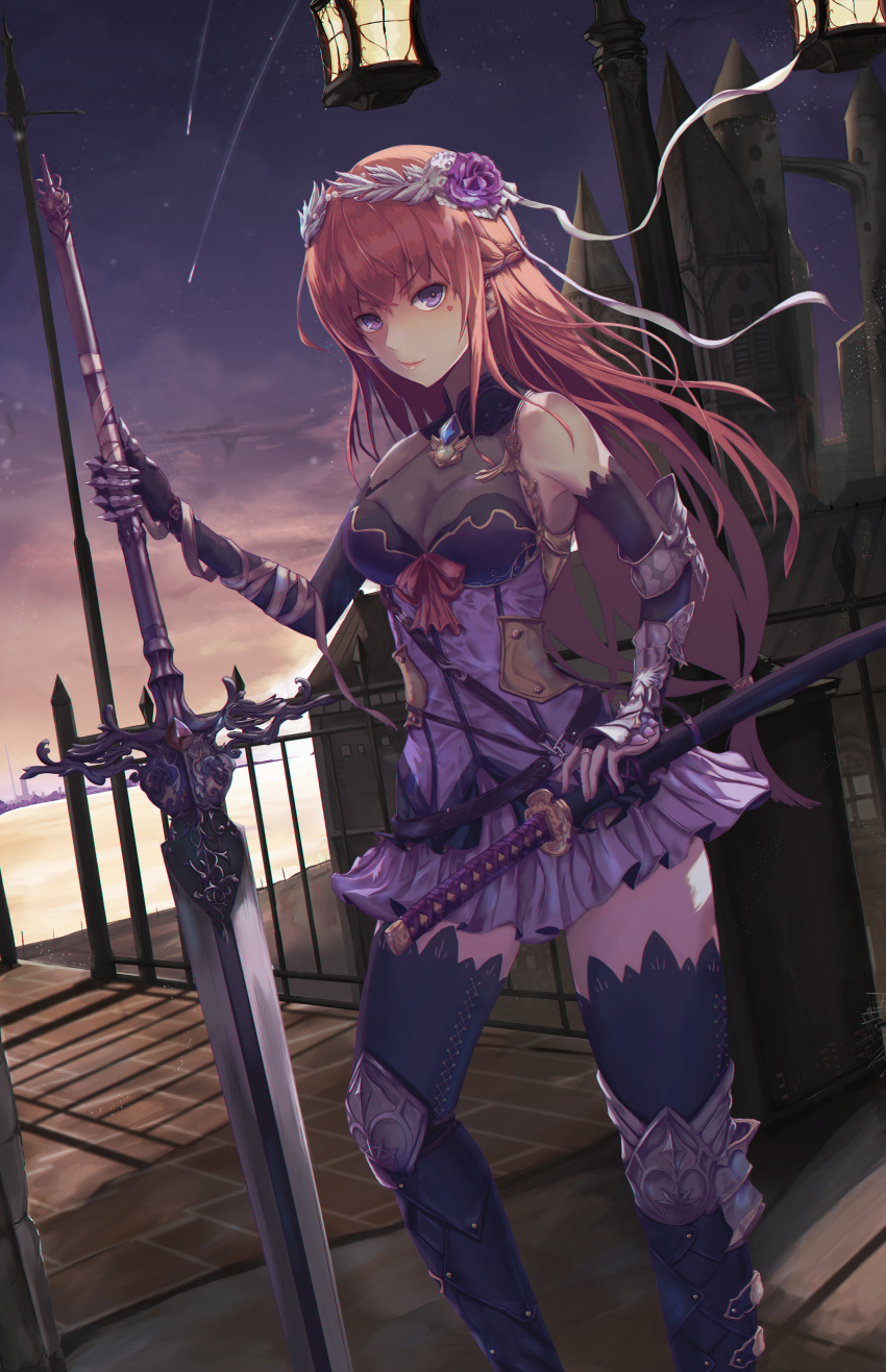 1girl, absurdres, armor, bangs, bare_shoulders, blue_legwear, blurry, blush