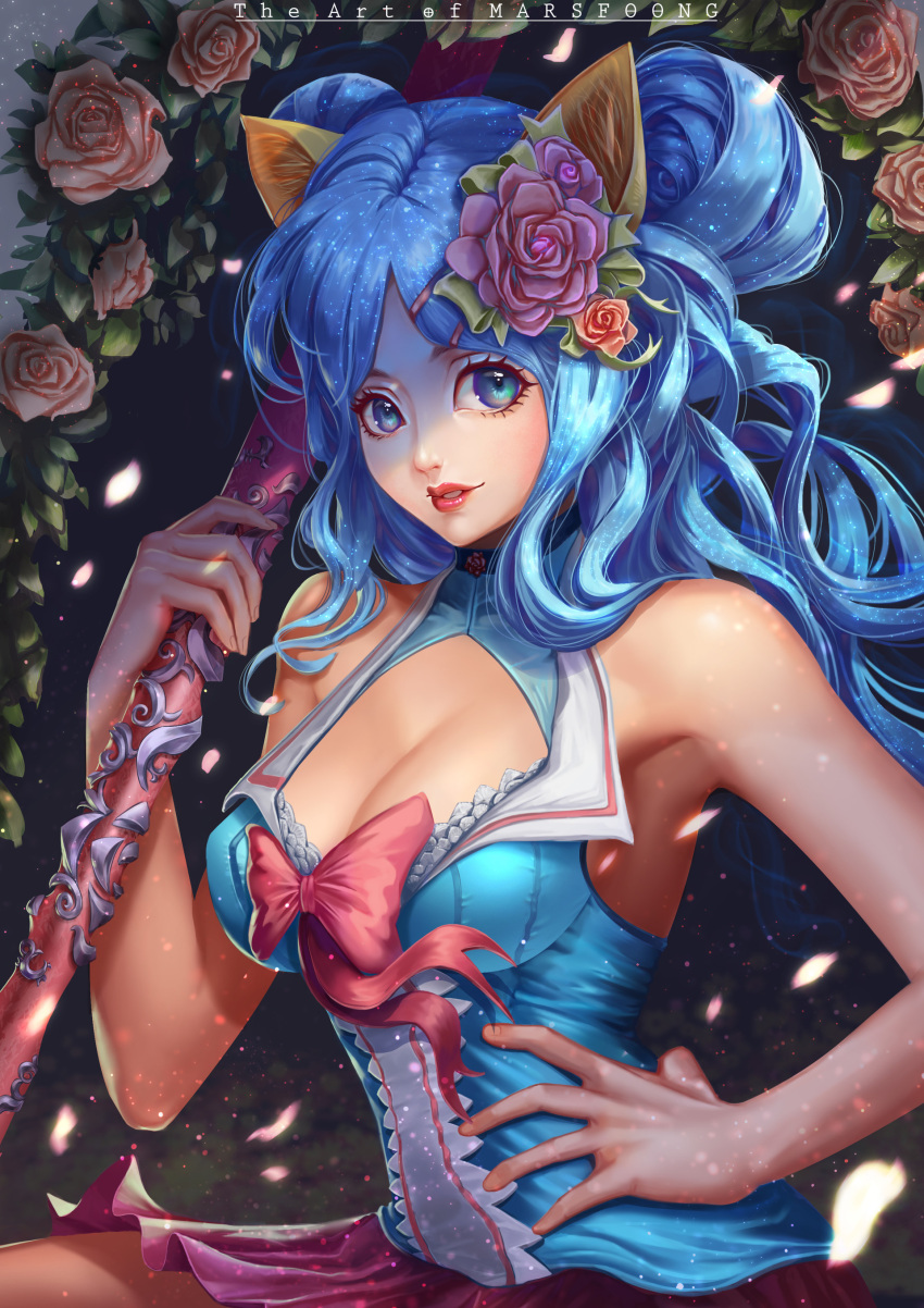 1girl, absurdres, animal_ears, armpits, artist_name, blue_eyes, blue_hair, blue_shirt, bow, breasts, cat_ears, cleavage, commentary, english_commentary, flower, hair_flower, hair_ornament, hairclip, hand_on_hip, highres, leaf, lips, lipstick, looking_at_viewer, makeup, mars_foong, orange_flower, orange_rose, parted_lips, pink_bow, pink_flower, pink_rose, purple_skirt, red_lipstick, rose, shirt, skirt, solo, sparkle, sparkling_hair