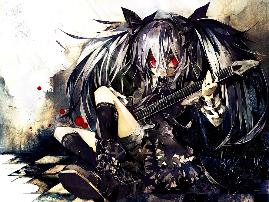 1girl, banpai_akira, checkered, guitar, hagane_miku, hagane_vocaloid, hatsune_miku, instrument