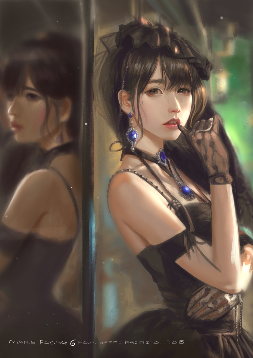 1girl, absurdres, black_dress, black_gloves, black_hair, brown_eyes, commentary, dated