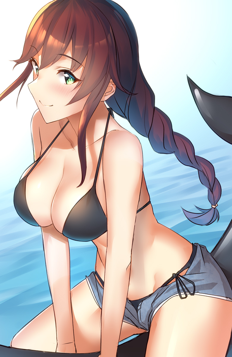 1girl, alternate_costume, alternate_hairstyle, bangs, bare_shoulders, bikini, black_bikini, blush