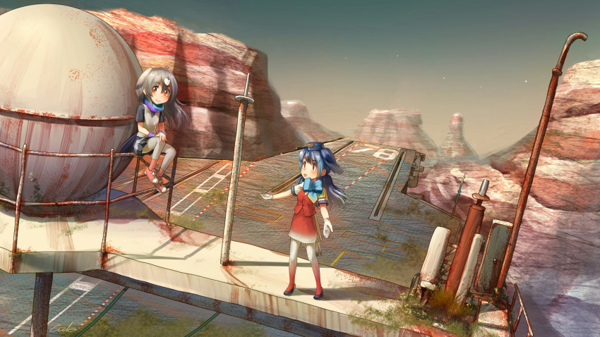 2girls, absurdres, aircraft_carrier, bangs, bird_tail, blue_hair, bow, bowtie