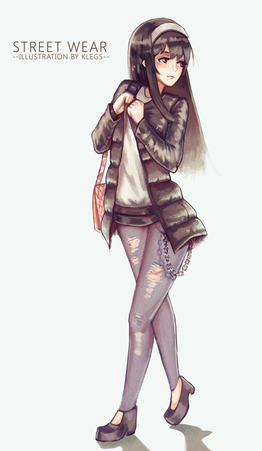 1girl, adjusting_clothes, artist_name, bag, bangs, black_coat, black_footwear, black_hair