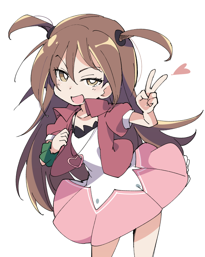 1girl, :d, brown_eyes, brown_hair, eyebrows_visible_through_hair, heart, heart_pendant, ixy
