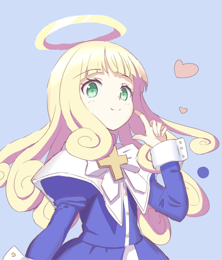 1girl, angel, blonde_hair, commentary, cross, green_eyes, halo, heart