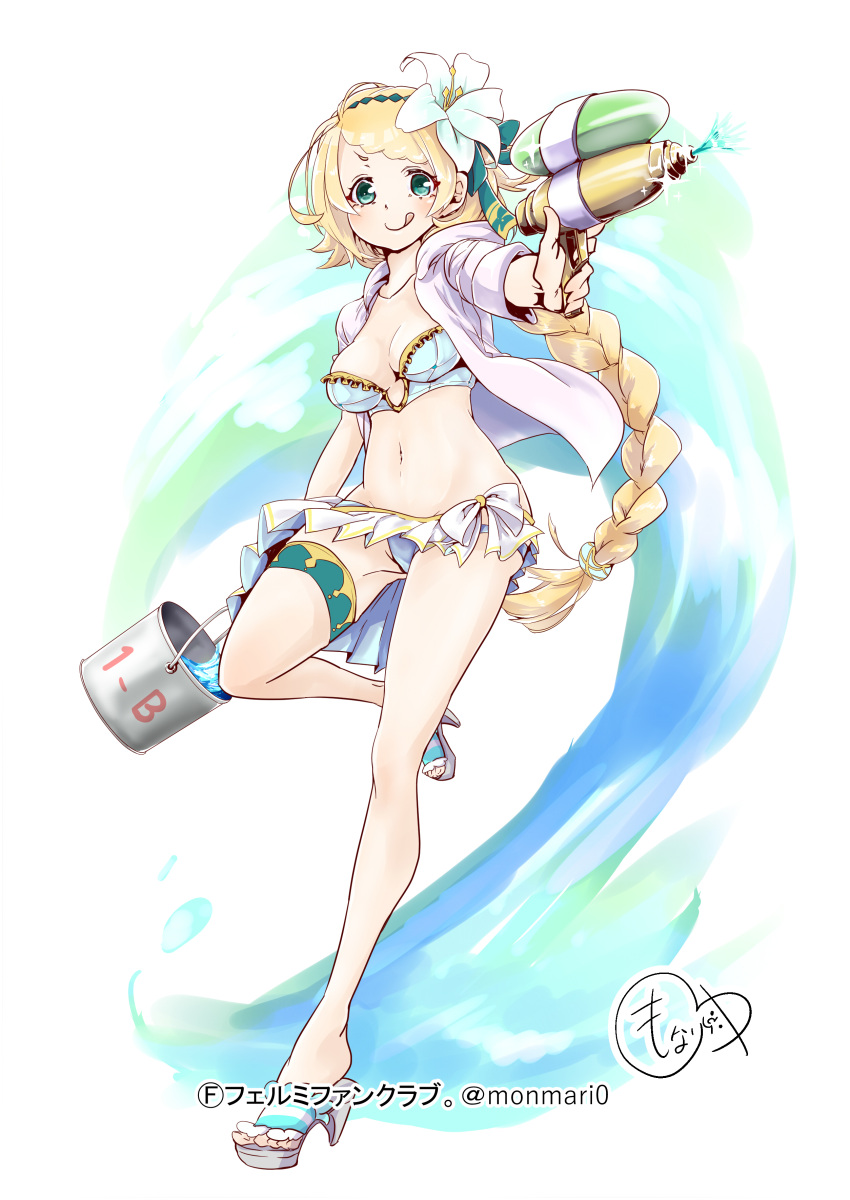 1girl, absurdres, aqua_eyes, aqua_ribbon, bikini, blonde_hair, blue_bikini, braid, breasts, bucket, character_request, collarbone, flower, full_body, hair_flower, hair_ornament, hair_ribbon, highres, jacket, licking_lips, long_hair, looking_at_viewer, medium_breasts, momari3, navel, ribbon, sandals, sennen_sensou_aigis, simple_background, solo, sparkle, squirting, standing, standing_on_one_leg, super_soaker, swimsuit, thigh_strap, tongue, tongue_out, twitter_username, very_long_hair, white_jacket