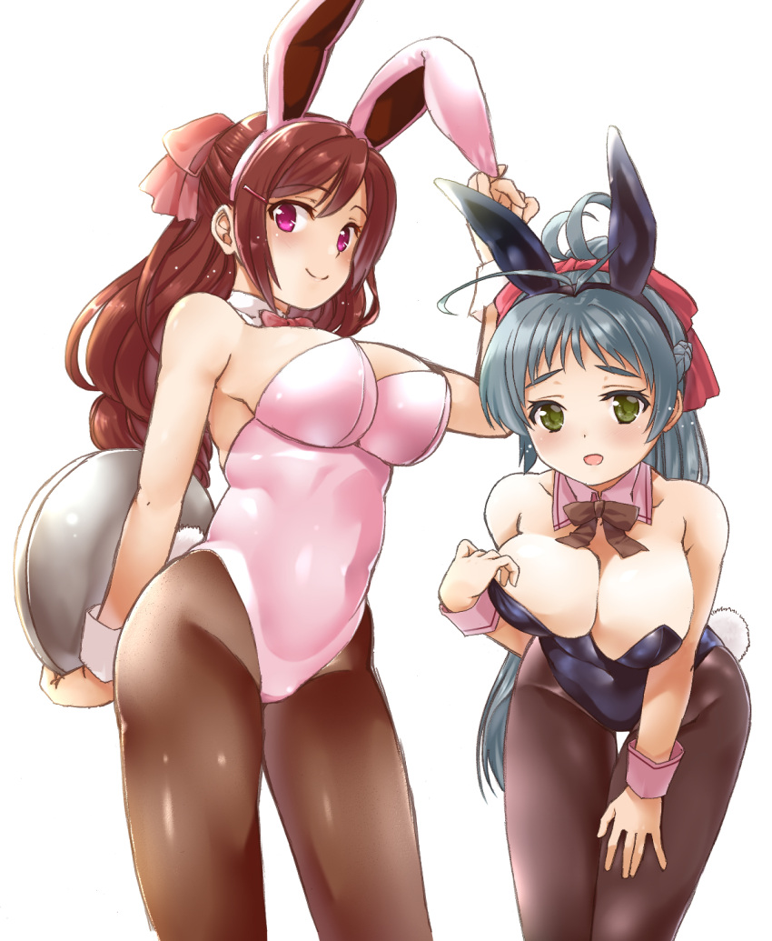 animal_ears, black_leotard, black_neckwear, bow, bowtie, breasts, brown_hair, brown_legwear