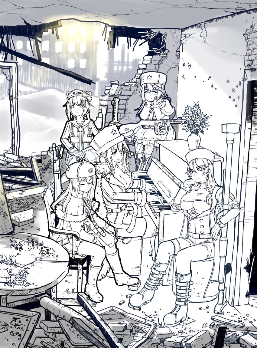 5girls, absurdres, anti-tank_rifle, boots, breasts, brick, chair, closed_eyes