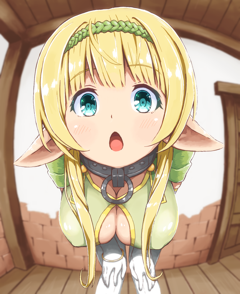 1girl, bent_over, blonde_hair, blue_eyes, blurry, breasts, cleavage, cleavage_cutout