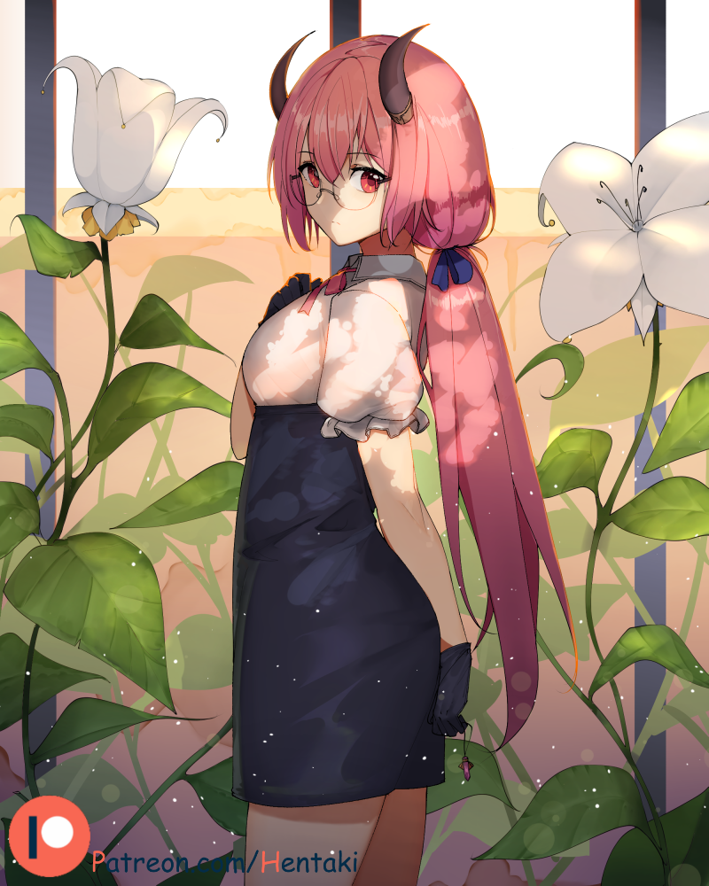 1girl, arm_behind_back, artist_name, bangs, black_gloves, black_skirt, blue_ribbon, closed_mouth, collared_shirt, commentary, cowboy_shot, dappled_sunlight, demon_girl, demon_horns, english_commentary, eyebrows_visible_through_hair, flower, frilled_sleeves, frills, from_side, glasses, gloves, hair_between_eyes, hair_ribbon, hand_on_own_chest, hentaki, high-waist_skirt, holding, horns, jewelry, leaf, long_hair, looking_at_viewer, looking_to_the_side, low_ponytail, neck_ribbon, original, oversized_flowers, patreon_logo, pink_neckwear, pink_ribbon, puffy_short_sleeves, puffy_sleeves, red_eyes, ribbon, rimless_eyewear, round_eyewear, shirt, short_sleeves, skirt, solo, sunlight, very_long_hair, watermark, web_address, white_flower, white_shirt