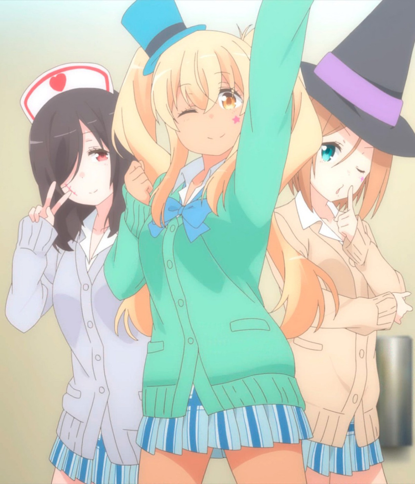 3girls, aqua_eyes, black_hair, blonde_hair, bob_cut, brown_hair, halloween_costume, hat, highres, maroon_eyes, multiple_girls, nurse_cap, osonoi_maiko, pleated_skirt, school_uniform, screencap, short_hair, skirt, sunohara_nana, sunoharasou_no_kanrinin-san, twintails, uchifuji_mea, witch_hat, yellow_eyes
