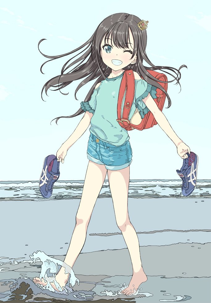 1girl, backpack, bag, barefoot, beach, blue_eyes, blue_shirt, brown_hair