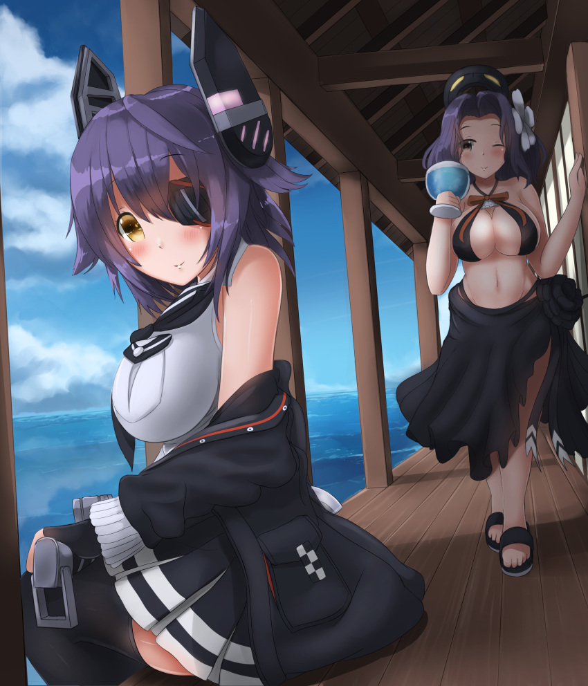 2girls, absurdres, bikini, black_bikini, black_sarong, blush, commentary_request, eyepatch