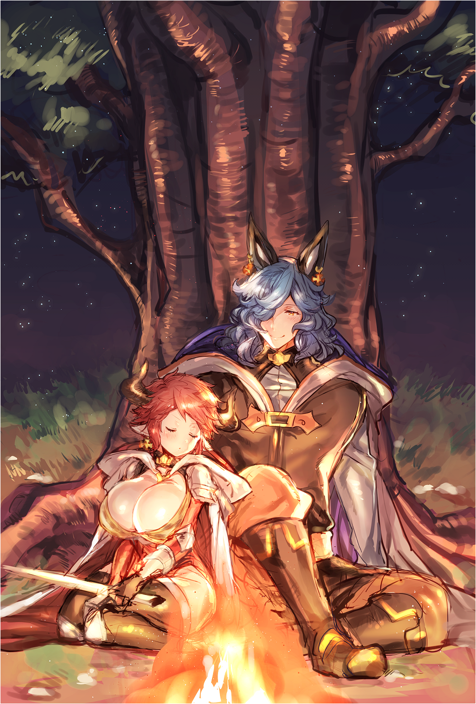 1boy, 1girl, against_tree, animal_ears, bangs, black_gloves, black_legwear, blue_hair