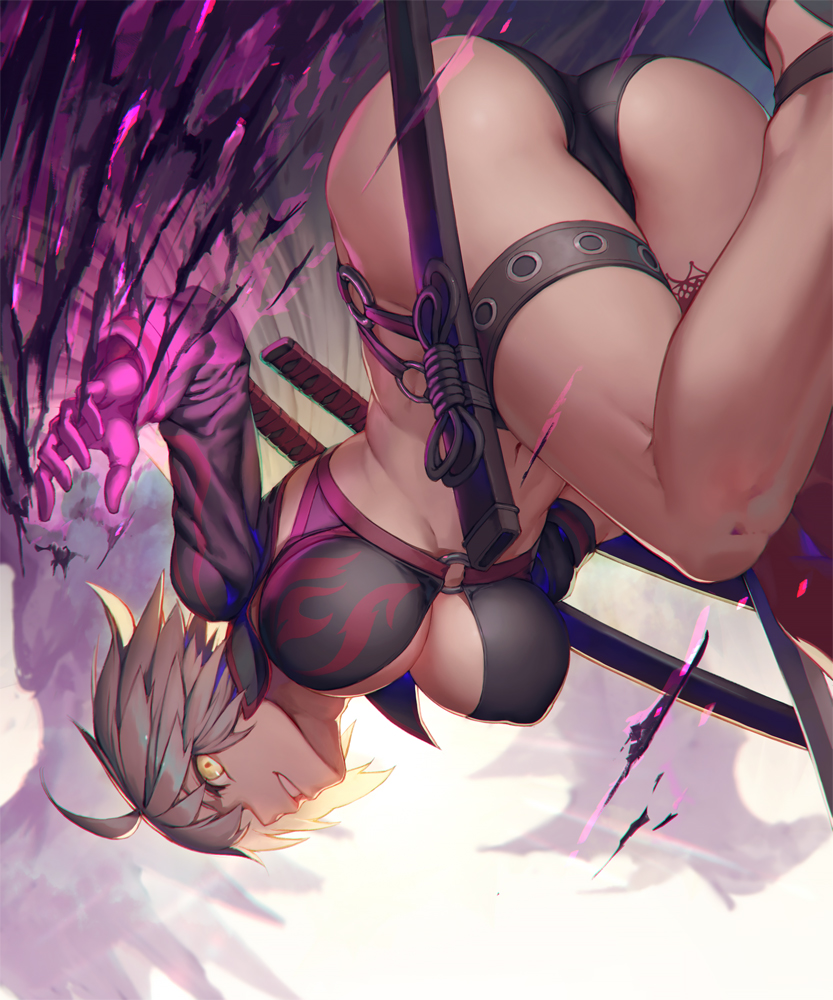 1girl, ahoge, ass, bikini, black_bikini, black_jacket, breasts, cropped_jacket, fate/grand_order, fate_(series), gloves, grey_hair, hair_between_eyes, holding, holding_sword, holding_weapon, jacket, jeanne_d'arc_(alter_swimsuit_berserker), jeanne_d'arc_(fate)_(all), large_breasts, looking_at_viewer, midriff, multiple_swords, navel, rotix, sheath, short_hair, single_thighhigh, swimsuit, sword, thigh-highs, thigh_strap, weapon, yellow_eyes