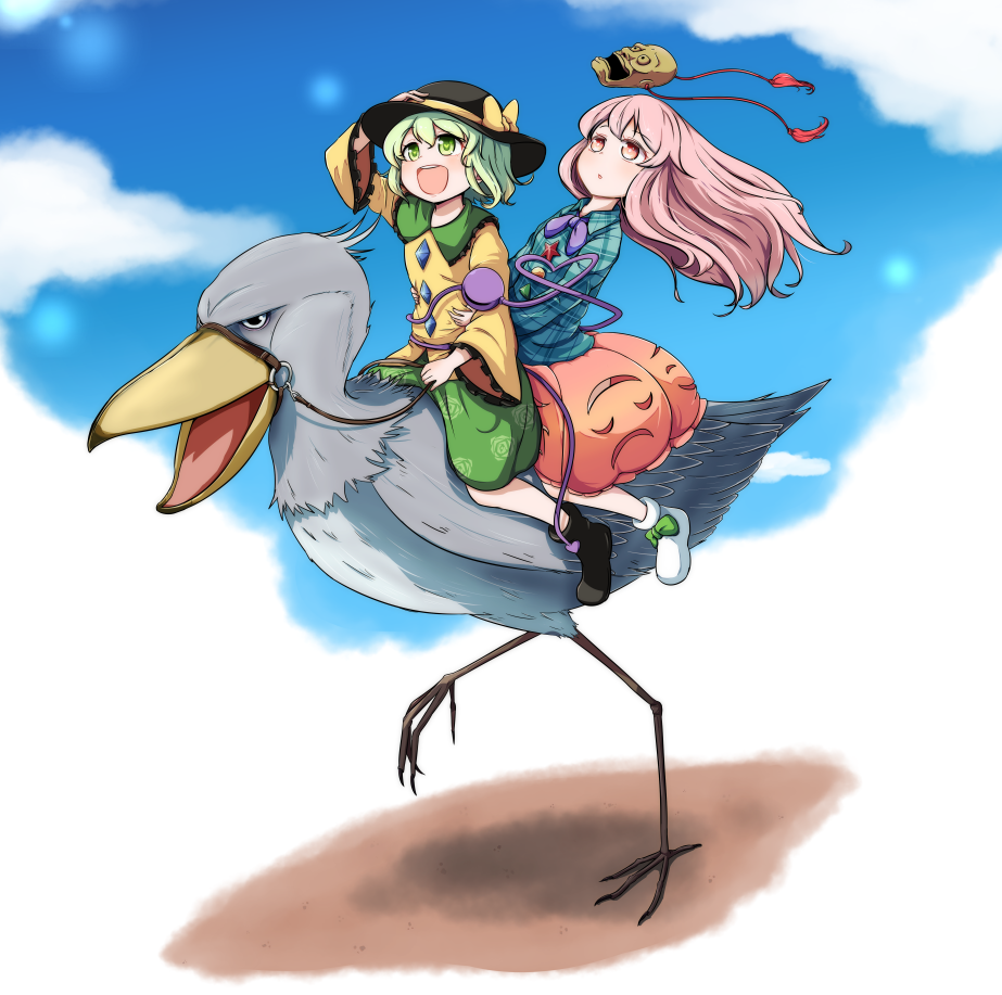 2girls, :d, ajia_(otya3039), animal, arm_up, bird, black_hat, blouse