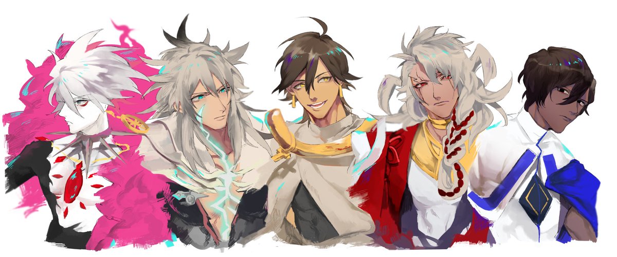 5boys, ahoge, arjuna_(fate/grand_order), armor, blonde_hair, blue_eyes, dark_skin, dark_skinned_male