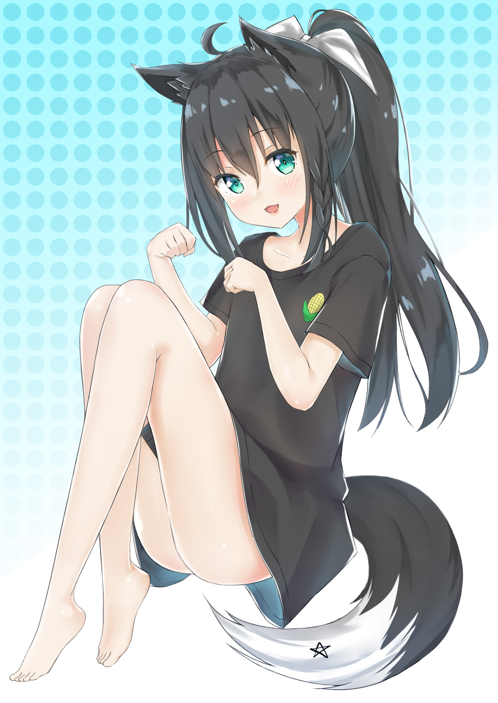 1girl, :d, alternate_hair_color, animal_ears, aqua_background, aqua_eyes, bare_legs, barefoot, black_hair, braid, fang, fox_ears, fox_girl, fox_tail, fuji_noyume, full_body, gradient, gradient_background, hair_ribbon, highres, hololive, long_hair, naked_shirt, open_mouth, ponytail, ribbon, shirakami_fubuki, shirt, side_braid, simple_background, smile, tail, two-tone_background, virtual_youtuber, white_background