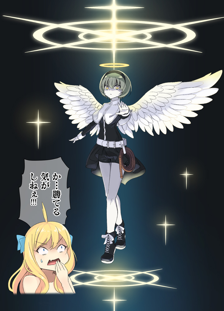 angel, angel_wings, blonde_hair, blue_ribbon, eyebrows_visible_through_hair, feathered_wings, feathers, hair_ribbon