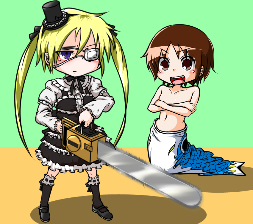 2girls, ahoge, artist_request, blonde_hair, blush, brown_eyes, brown_hair, chainsaw