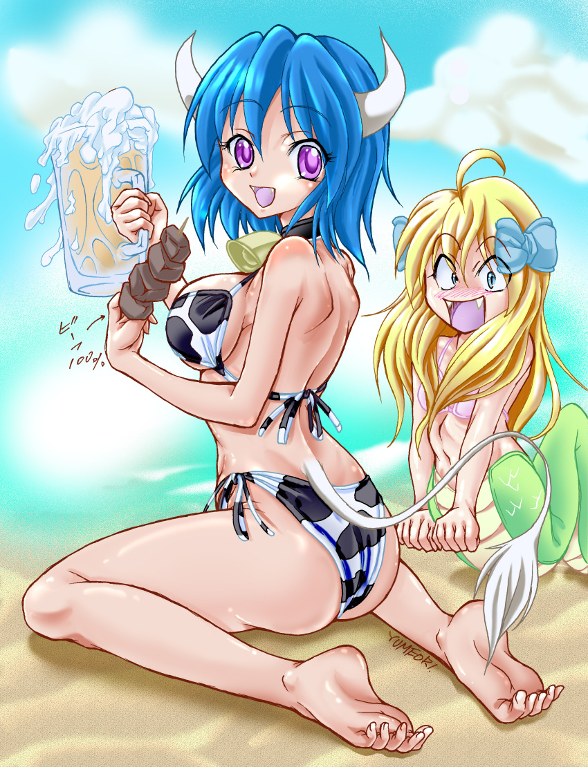 2girls, absurdres, ahoge, animal_print, barefoot, beer_mug, bell, blonde_hair, blue_eyes, blue_hair, blue_ribbon, blush, breasts, cow_bell, cow_horns, cow_print, eyebrows_visible_through_hair, fangs, hair_between_eyes, hair_over_breasts, hair_ribbon, highres, horns, jashin-chan, jashin-chan_dropkick, lamia, large_breasts, long_hair, looking_at_viewer, minos_(jashin-chan_dropkick), monster_girl, multiple_girls, open_mouth, red_eyes, ribbon, smile, soles, swimsuit, translated, yumeori_amu, yyuki317