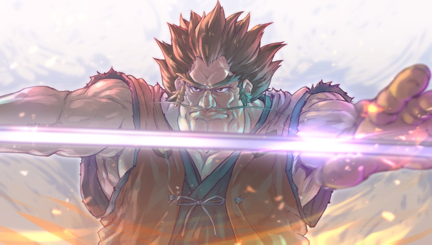 1boy, brown_eyes, facial_hair, japanese_clothes, male_focus, mashin_eiyuuden_wataru, muscle, mustache, redhead, sleeveless, solo, spiky_hair, sword, tamago_tomato, tsurugibe_shibaraku, weapon