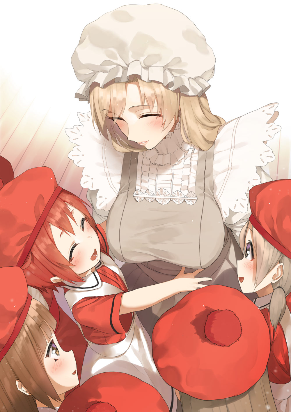 5girls, :d, ^_^, ae-3803, apron, bangs, beret, blush