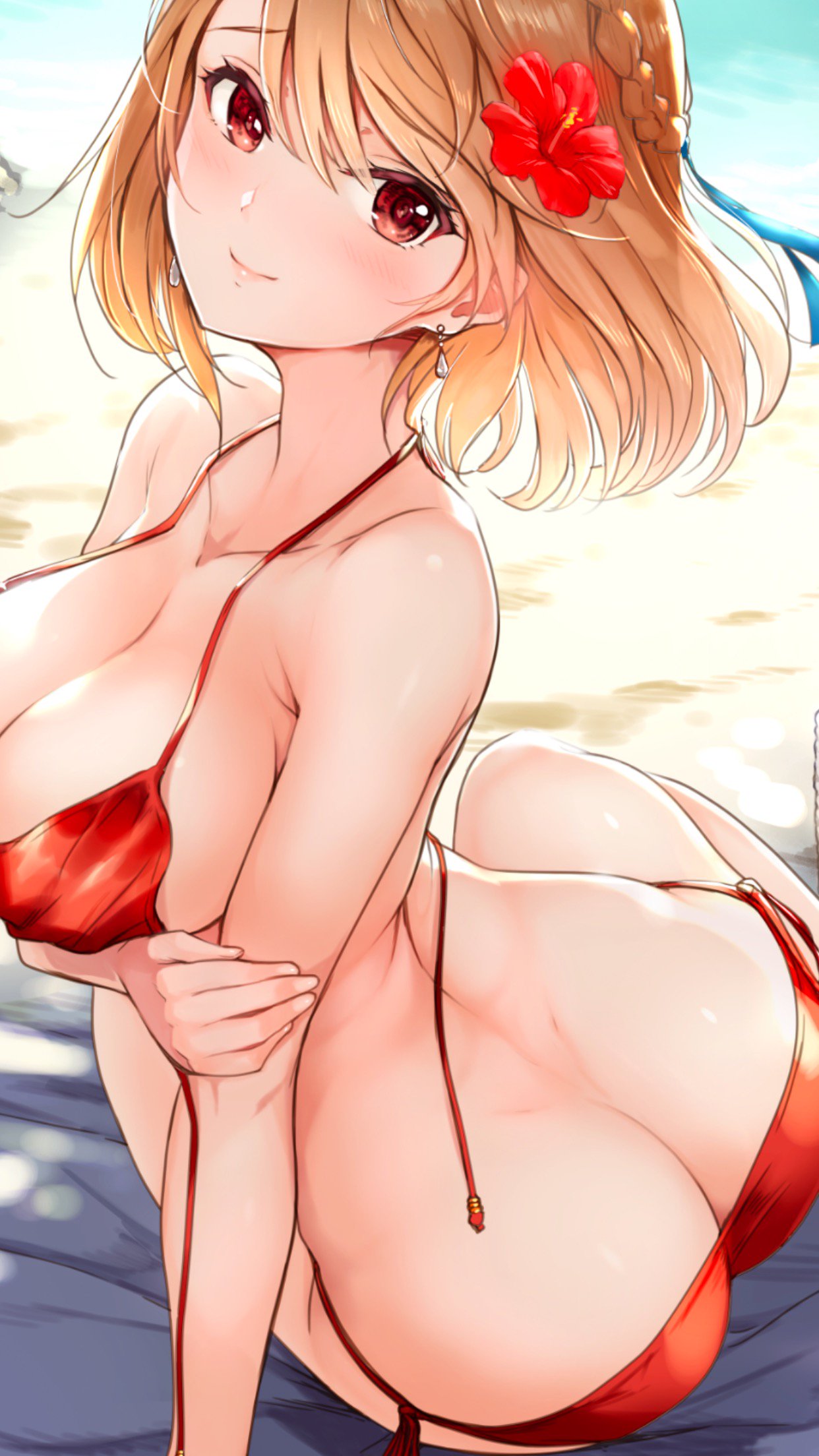 arm_support, ass, azur_lane, backlighting, beach, bikini, blonde_hair, blush