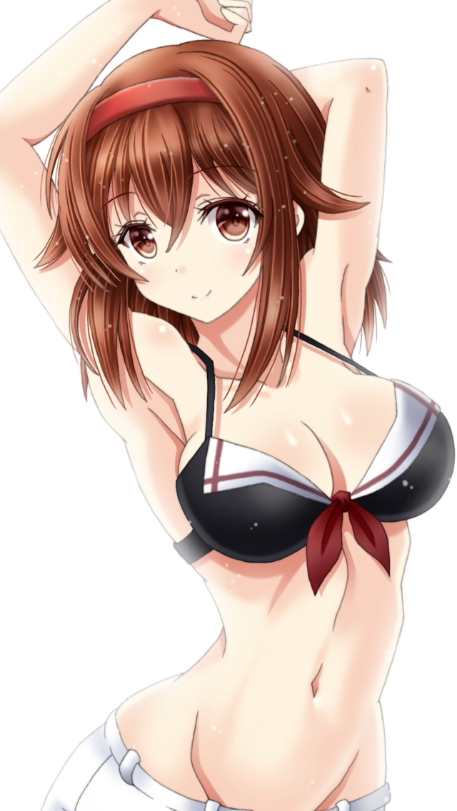1girl, alternate_costume, amou_yuu, armpits, bare_shoulders, bikini, breasts, brown_eyes