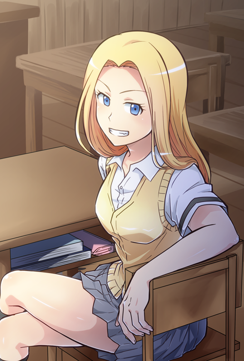 1girl, ansatsu_kyoushitsu, blonde_hair, blue_eyes, cardigan, classroom, dress_shirt, grey_skirt, grin, indoors, legs_crossed, long_hair, miniskirt, nakamura_rio, naname_(syurink), pleated_skirt, shiny, shiny_hair, shirt, sitting, skirt, smile, solo, sweater, white_shirt, yellow_sweater