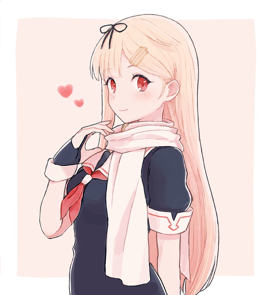 1girl, black_gloves, black_ribbon, black_serafuku, blonde_hair, breasts, commentary, fingerless_gloves, from_side, gloves, hair_flaps, hair_ornament, hair_ribbon, hairclip, heart, kantai_collection, long_hair, looking_at_viewer, medium_breasts, neckerchief, okayu_(okayutabeyo_), red_eyes, red_neckwear, ribbon, scarf, school_uniform, serafuku, smile, solo, straight_hair, upper_body, white_scarf, yuudachi_(kantai_collection)