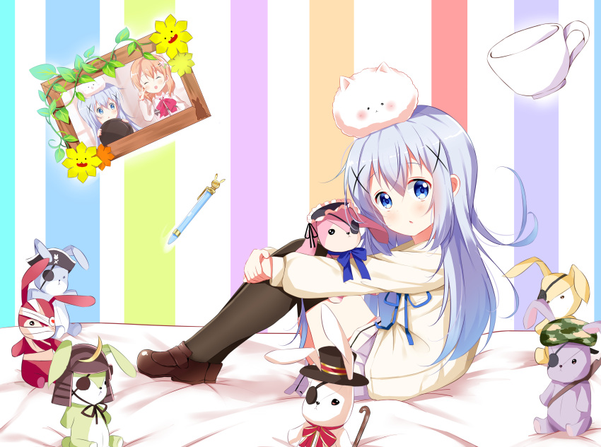 1girl, absurdres, animal, animal_on_head, beige_sweater, black_legwear, blue_eyes, blue_ribbon