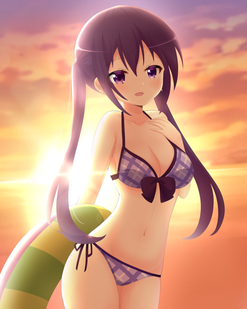 1girl, :d, absurdres, arm_behind_back, bikini, bow, breasts, cleavage