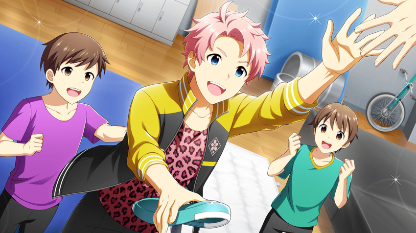 blue_eyes, dress, idolmaster, idolmaster_side-m, idolmaster_side-m_live_on_stage, kabuto_daigo, pink_hair, short_hair