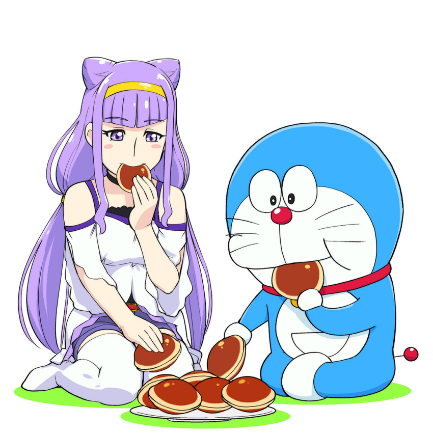 1girl, 1other, animal, bangs, cat, crossover, doraemon, doraemon_(character)