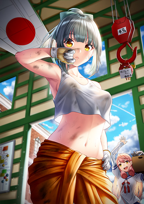 2girls, :d, akashi_(kantai_collection), blue_sailor_collar, blue_sky, breasts, clouds, cloudy_sky