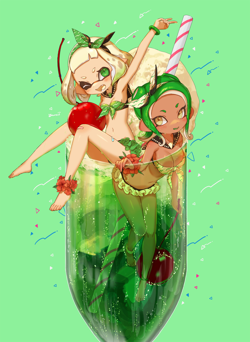 2girls, air_bubble, alternate_hair_color, anklet, bare_shoulders, bikini, bow, bracelet