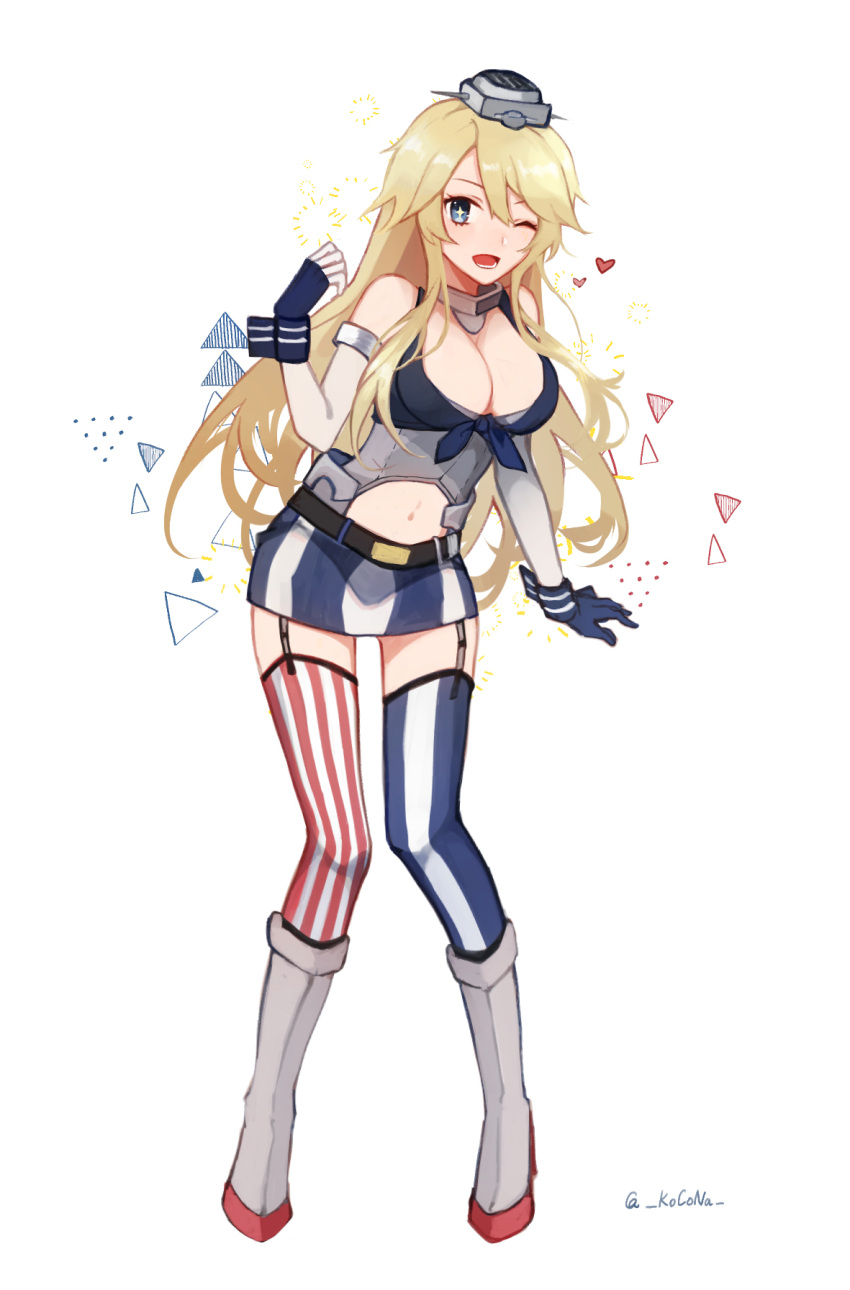 +_+, 1girl, bangs, blonde_hair, blue_eyes, blue_gloves, blush, boots, breasts, cleavage, commentary_request, elbow_gloves, front-tie_top, garter_straps, gloves, hair_between_eyes, headgear, heart, highres, iowa_(kantai_collection), kantai_collection, kocona, large_breasts, long_hair, looking_at_viewer, miniskirt, mismatched_legwear, navel, one_eye_closed, open_mouth, simple_background, skirt, smile, solo, striped, striped_legwear, symbol-shaped_pupils, thigh-highs, twitter_username, vertical-striped_legwear, vertical-striped_skirt, vertical_stripes, white_background, wrist_cuffs
