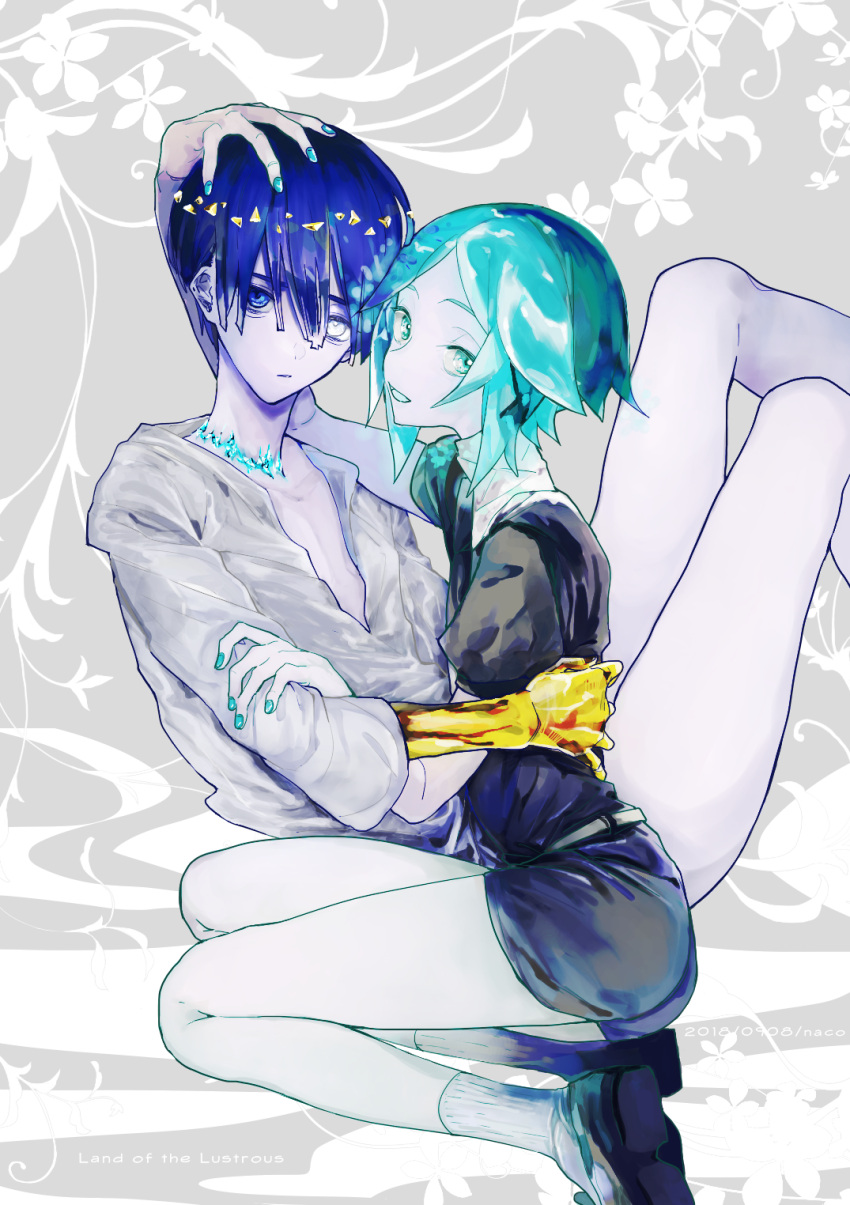 2others, androgynous, bangs, black_neckwear, black_shorts, blue_eyes, blue_hair, blunt_bangs