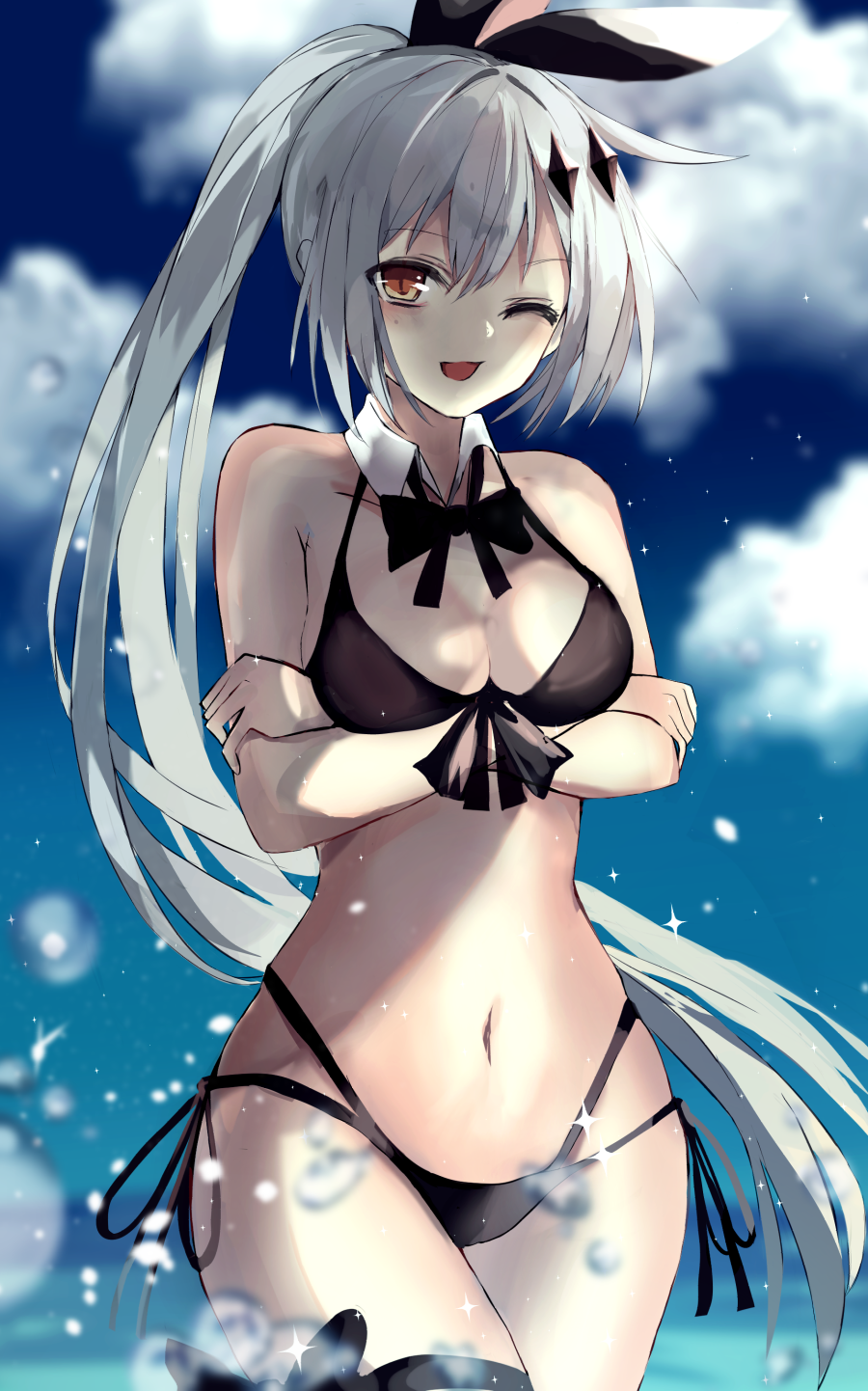 1girl, :d, alternate_costume, bangs, bare_shoulders, beckzawachi, bikini, black_bikini